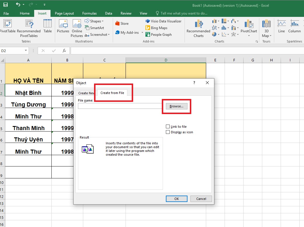 Chèn file PDF vào Excel- bước 2
