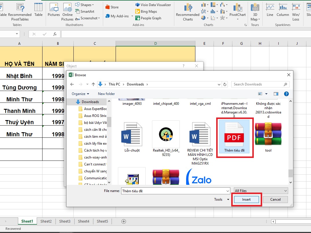 Chèn file PDF vào Excel- bước 3