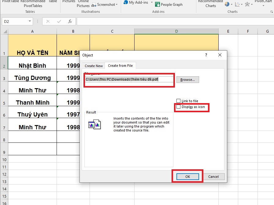 Chèn file PDF vào Excel- bước 4
